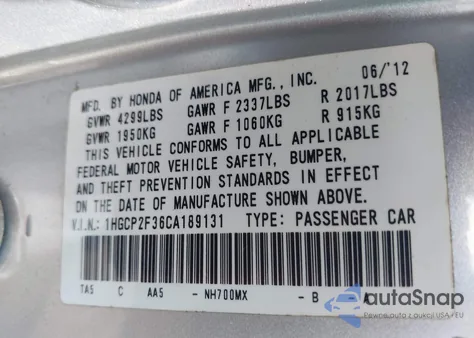 2012 Honda Accord 2.4 Lx from USA, damaged, VIN 1HGCP2F36CA189131